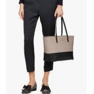 Kate Spade Bag, Tote, Leather Black & Tan, Zip Top, Bow Fob Charm